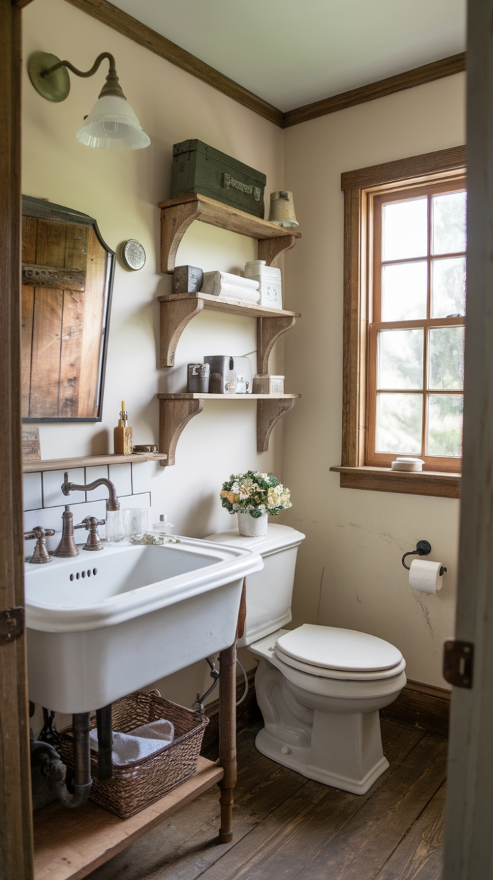 Charming Farmhouse Half Bath Blends Vintage Elegance and Warmth