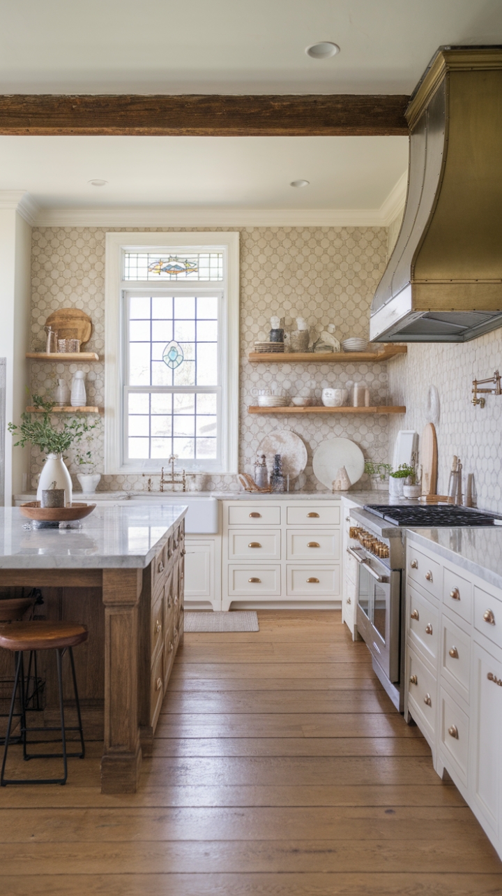 Refined Rustic Kitchen with White Cabinets and Warm Accents