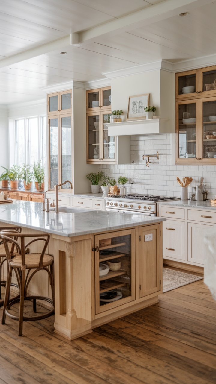 Bright and Inviting Modern Farmhouse Kitchen with Marble Island and Natural Light