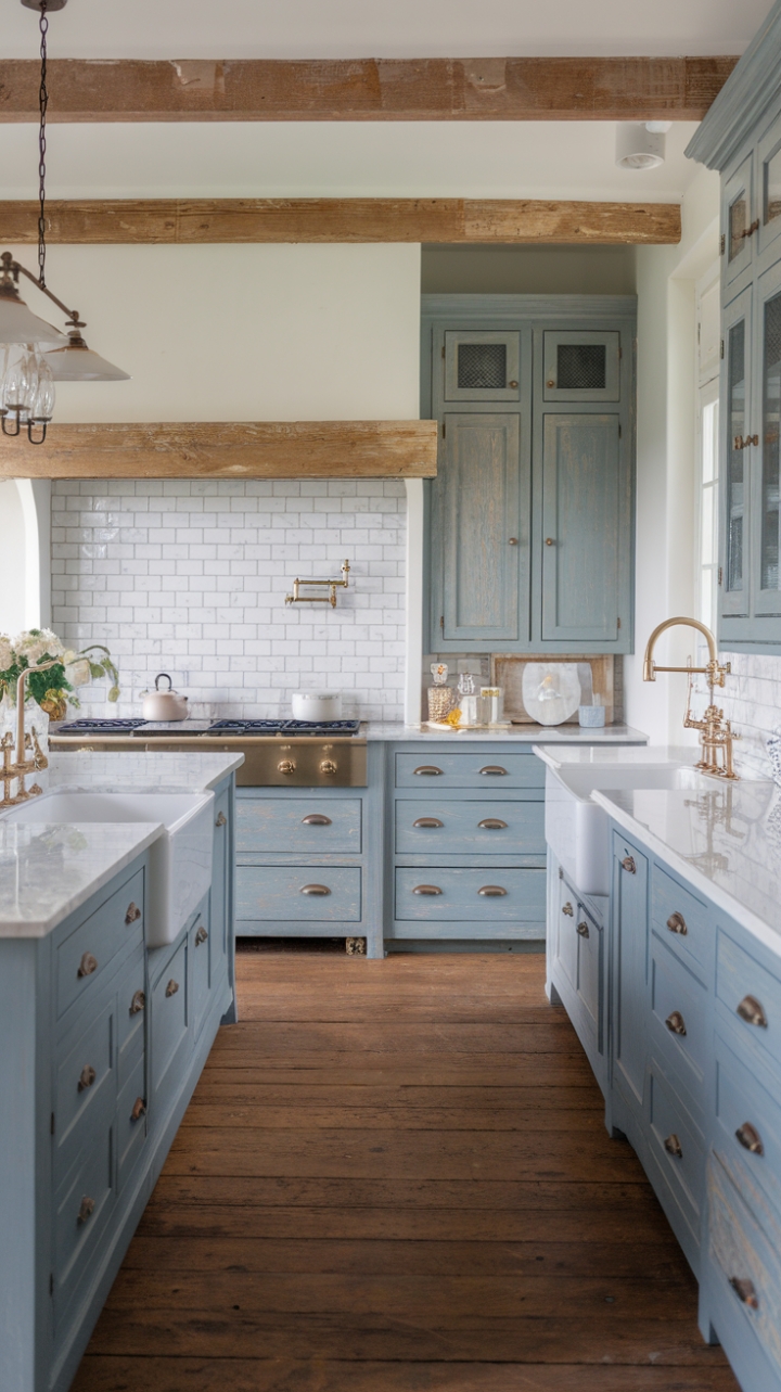 Charming Modern Farmhouse Kitchen with Marble Island and Vintage Details