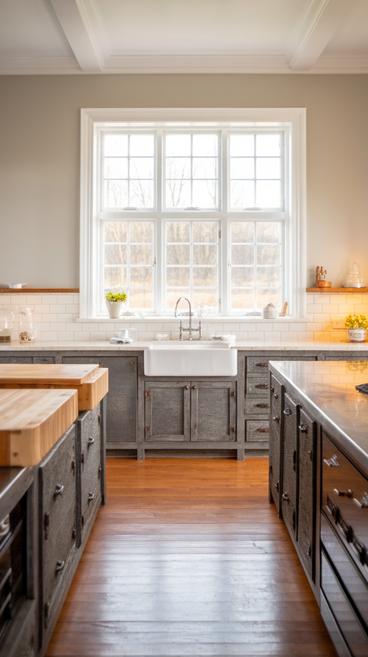Rustic-Modern Kitchen Charm with Dark Grey Island and Farmhouse Details