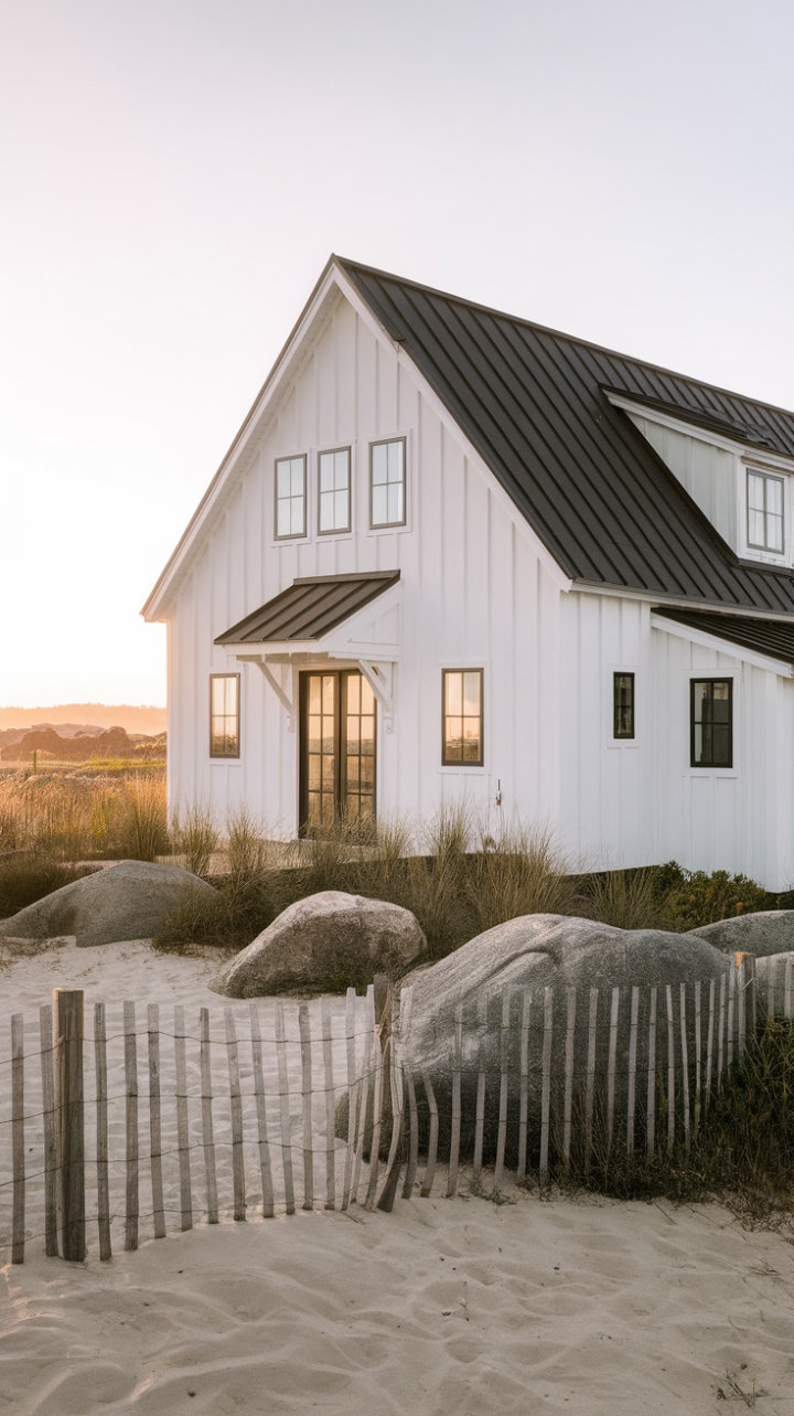 Seaside Serenity: A White and Black Coastal Retreat with Rustic Elegance