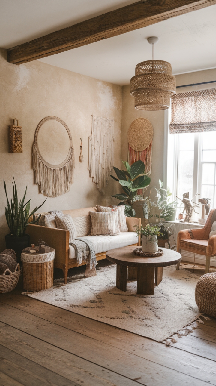 Rustic Charm Meets Bohemian Bliss in a Cozy, Layered Living Room