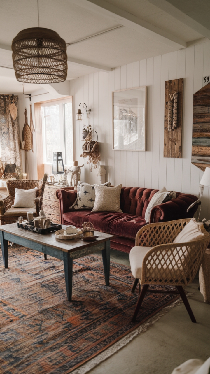 Rustic Charm Meets Bohemian Comfort in a Modern Farmhouse Living Room