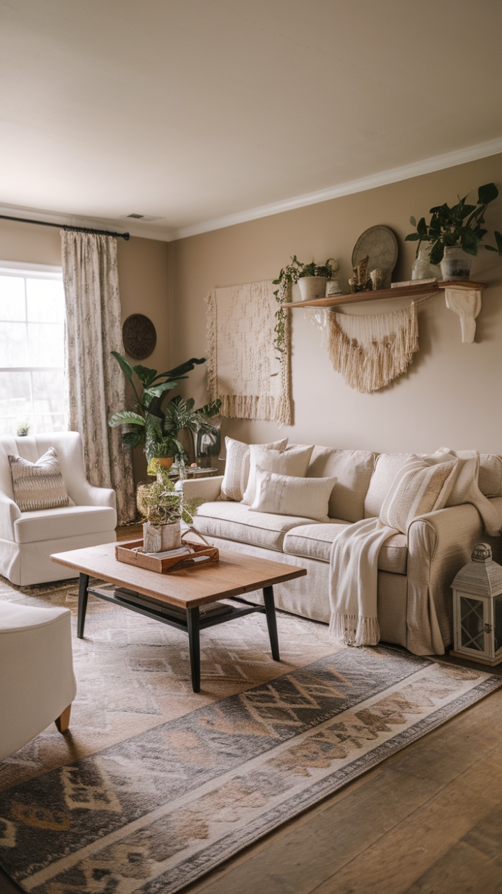 Rustic Charm Meets Bohemian Style in a Cozy Living Room