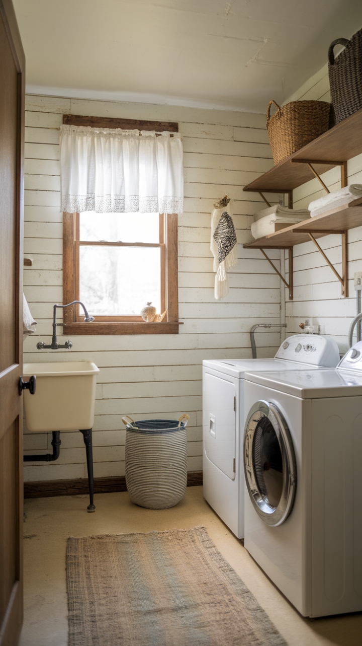 Rustic Laundry Retreat: A Serene and Organized Space