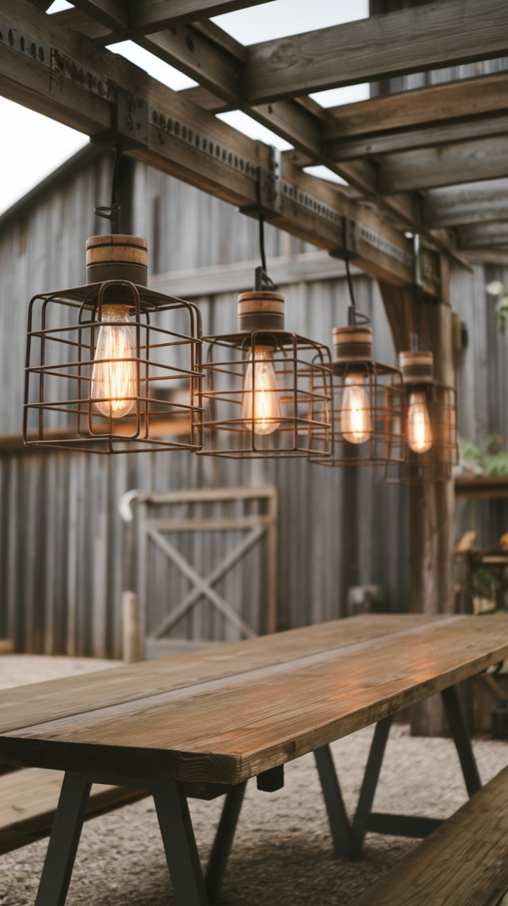 Rustic Industrial Charm: Farmhouse Cage Lights Illuminate a Cozy Barn-Inspired Space
