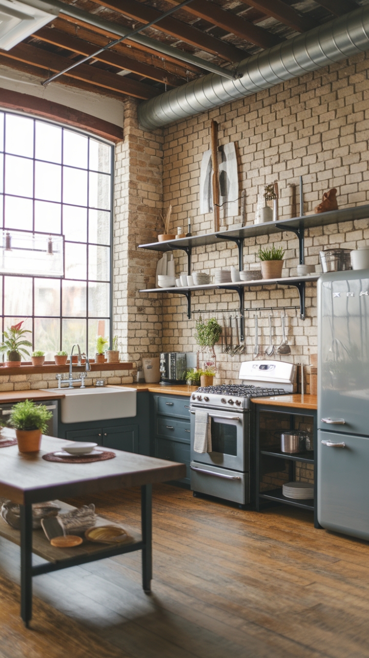 Industrial Charm: A Warm and Lived-In Kitchen with Metal Shelving and Wooden Accents