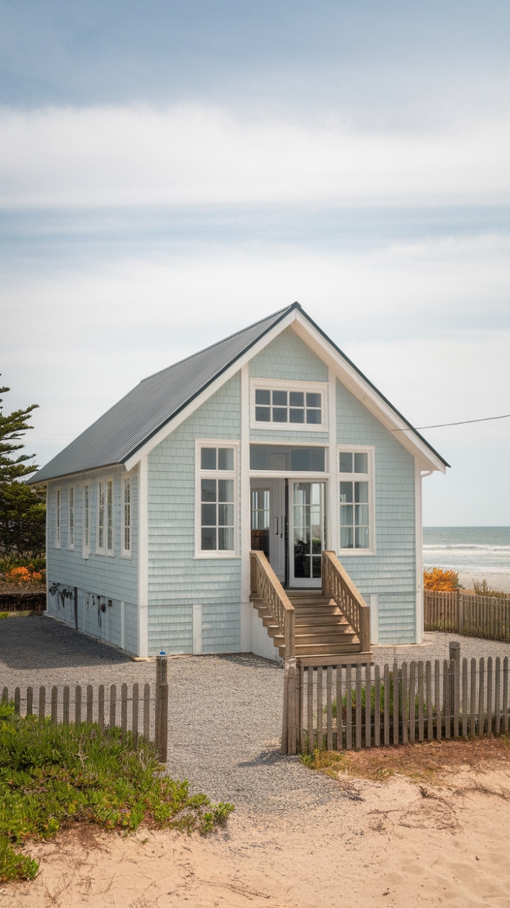 Tranquil Oceanfront Escape Featuring Light Blue Facade and Rustic Details