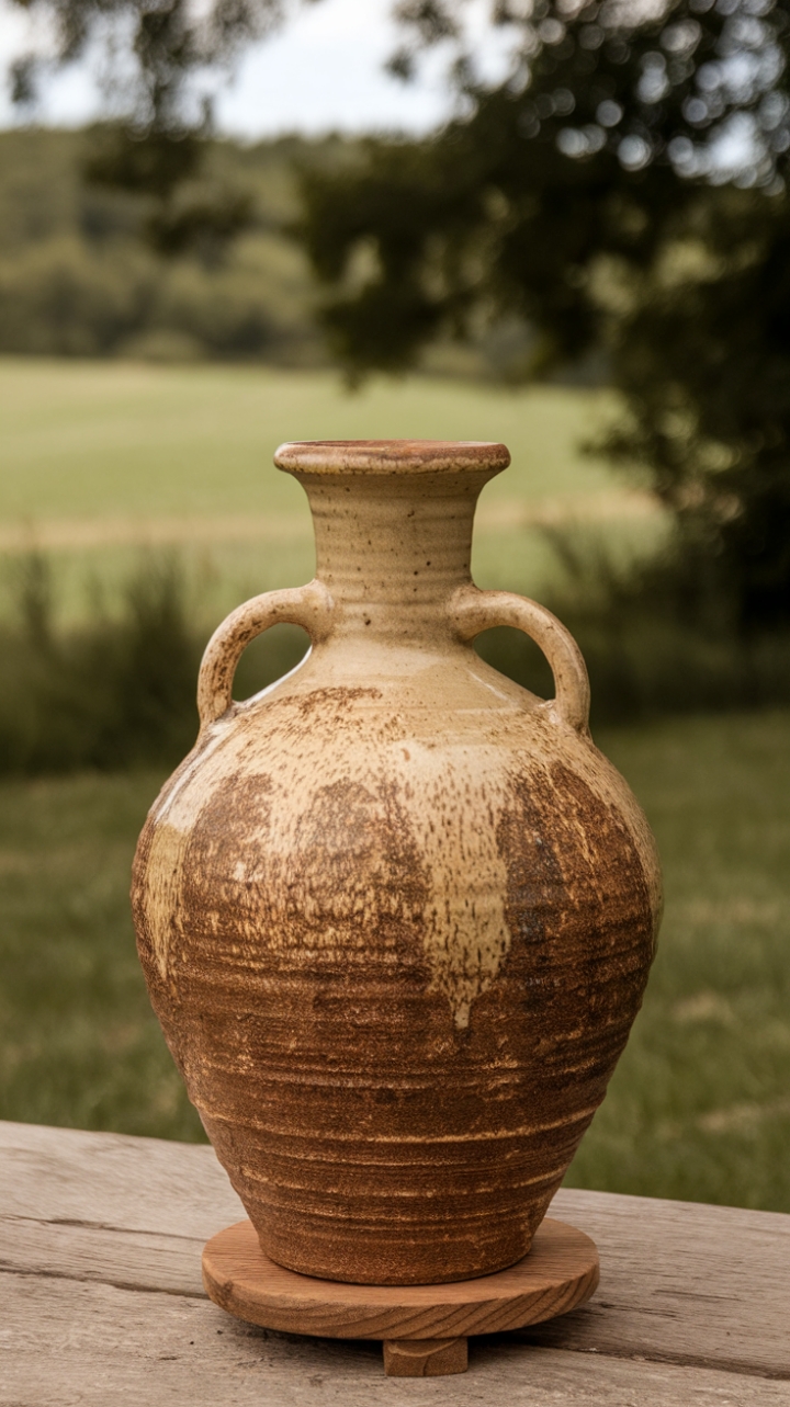 Rustic Elegance: Creamy Glazed Vase on Wooden Stand