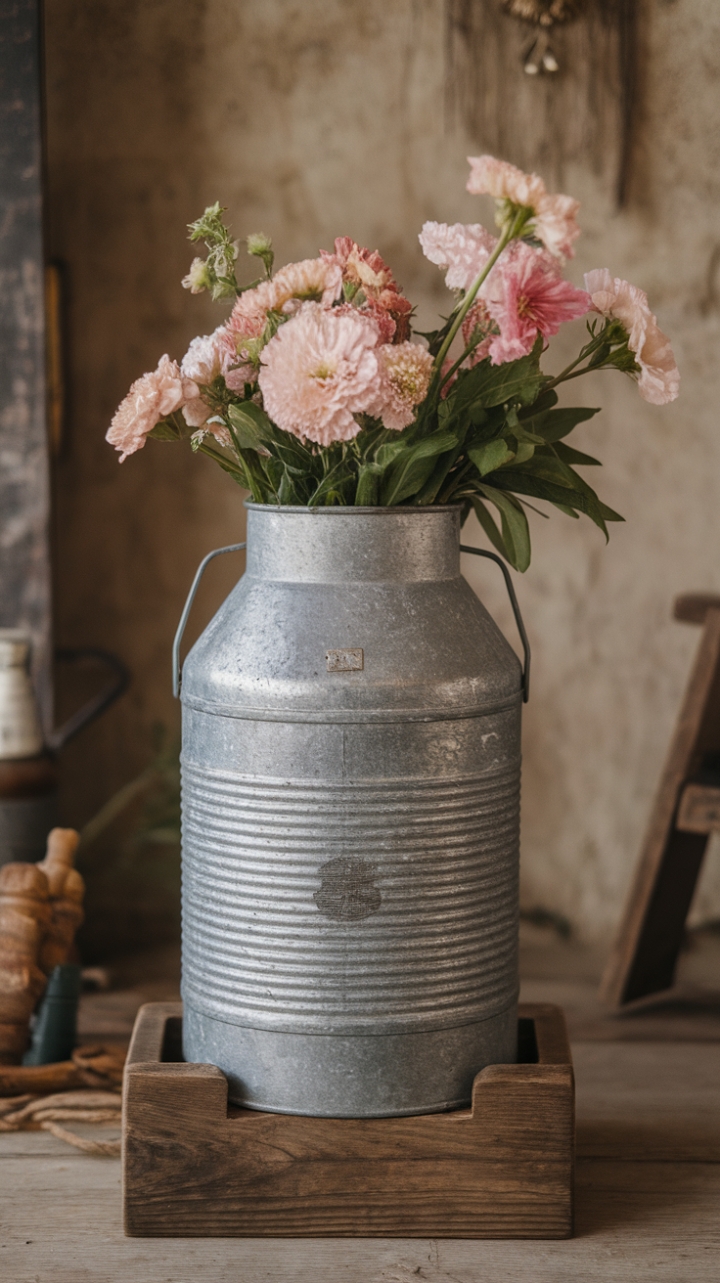 Vintage Vibe: Galvanized Vase on Wooden Stand with Floral Arrangement