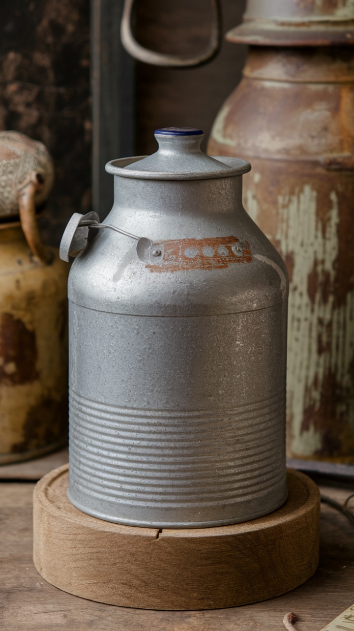 Rustic Ceramic Milk Can Vase on Wooden Stand