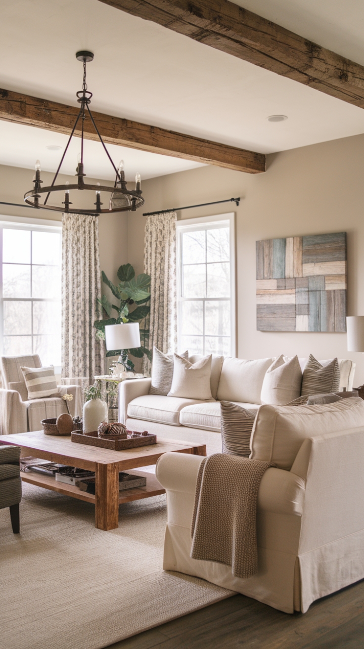 Rustic Farmhouse Living Room with Natural Decor and Earth Tones
