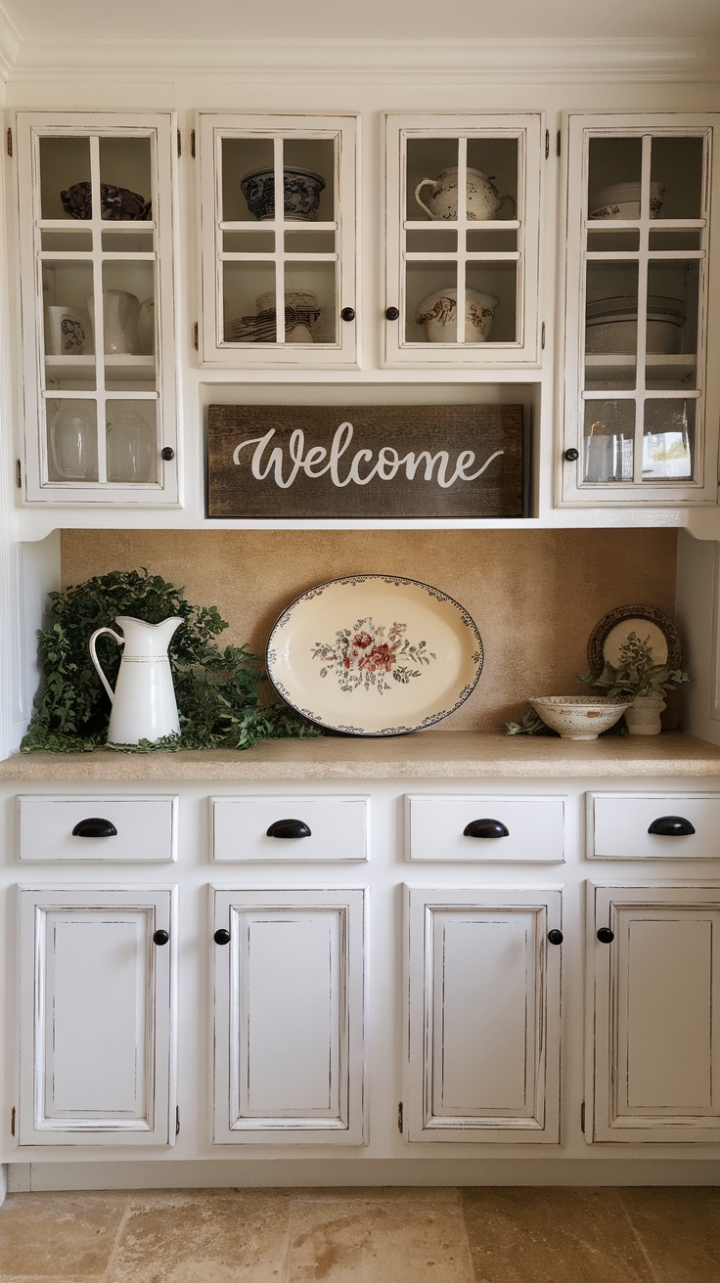 Tranquil Farmhouse Kitchen with Thoughtful Details and Glass Cabinet Display