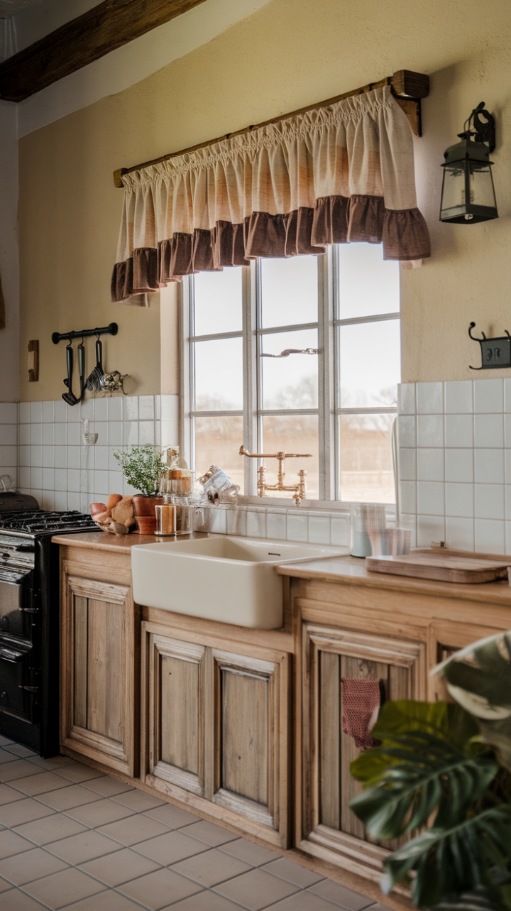 Cozy Kitchen Scene with Ruffled Valance and Warm Accents