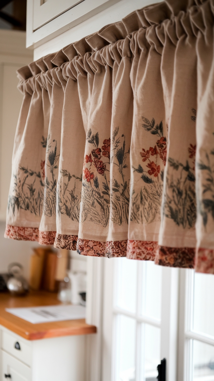 Country Charm: Linen Valance Enhances Farmhouse Kitchen