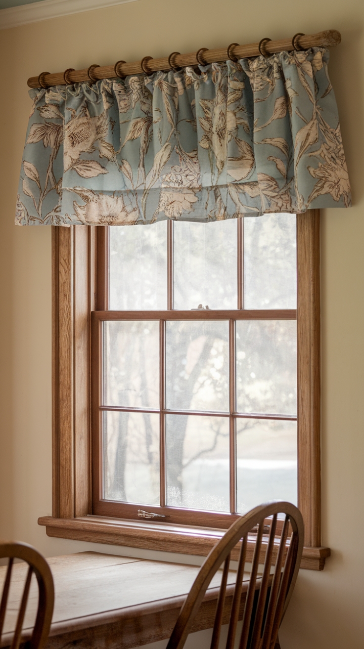 Charming Floral Valance Enhances Farmhouse Kitchen