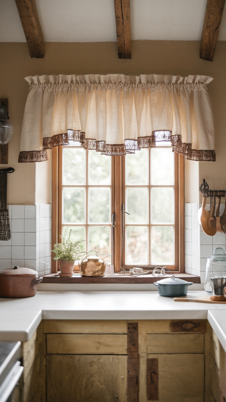 Rustic Charm: Ruffled Valance Enhances Farmhouse Kitchen