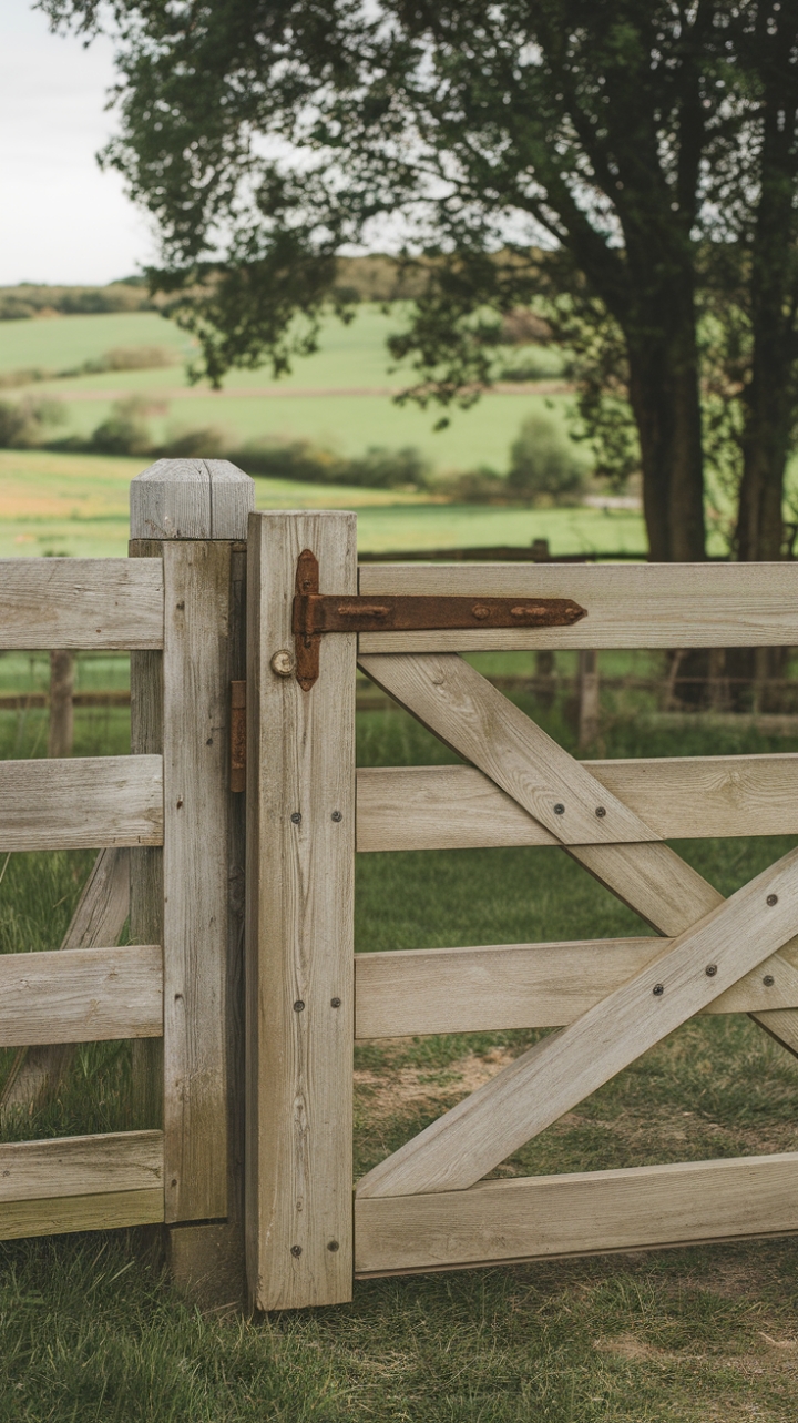 Authentic Country Charm: Weathered Wooden Gate Amid Green Fields