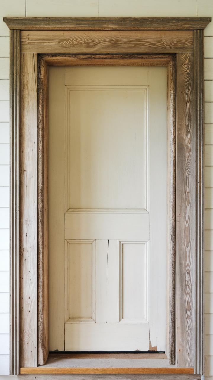 Farmhouse Elegance: Simple White Door with Authentic Weathered Casing