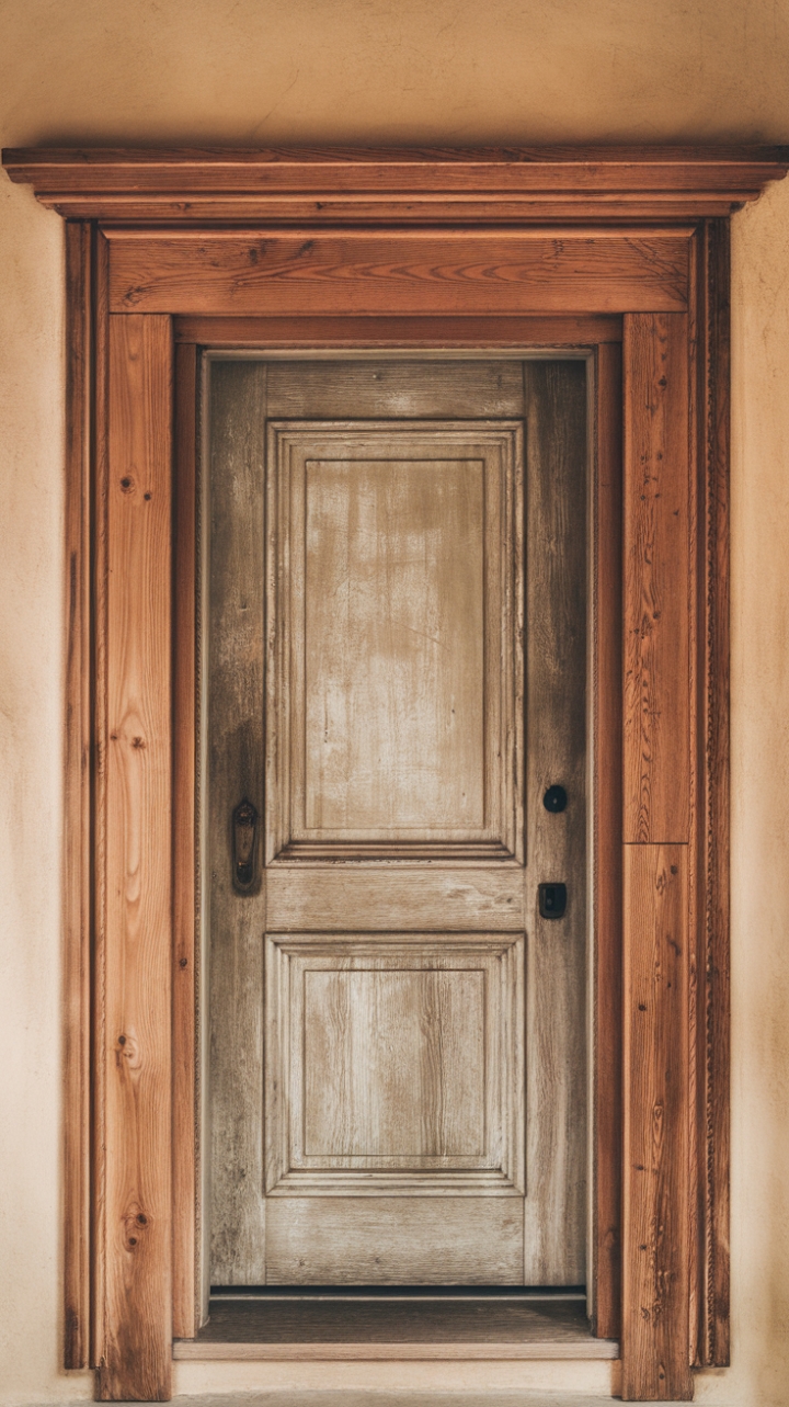 Charming Farmhouse Door with Weathered Finish and Rustic Details