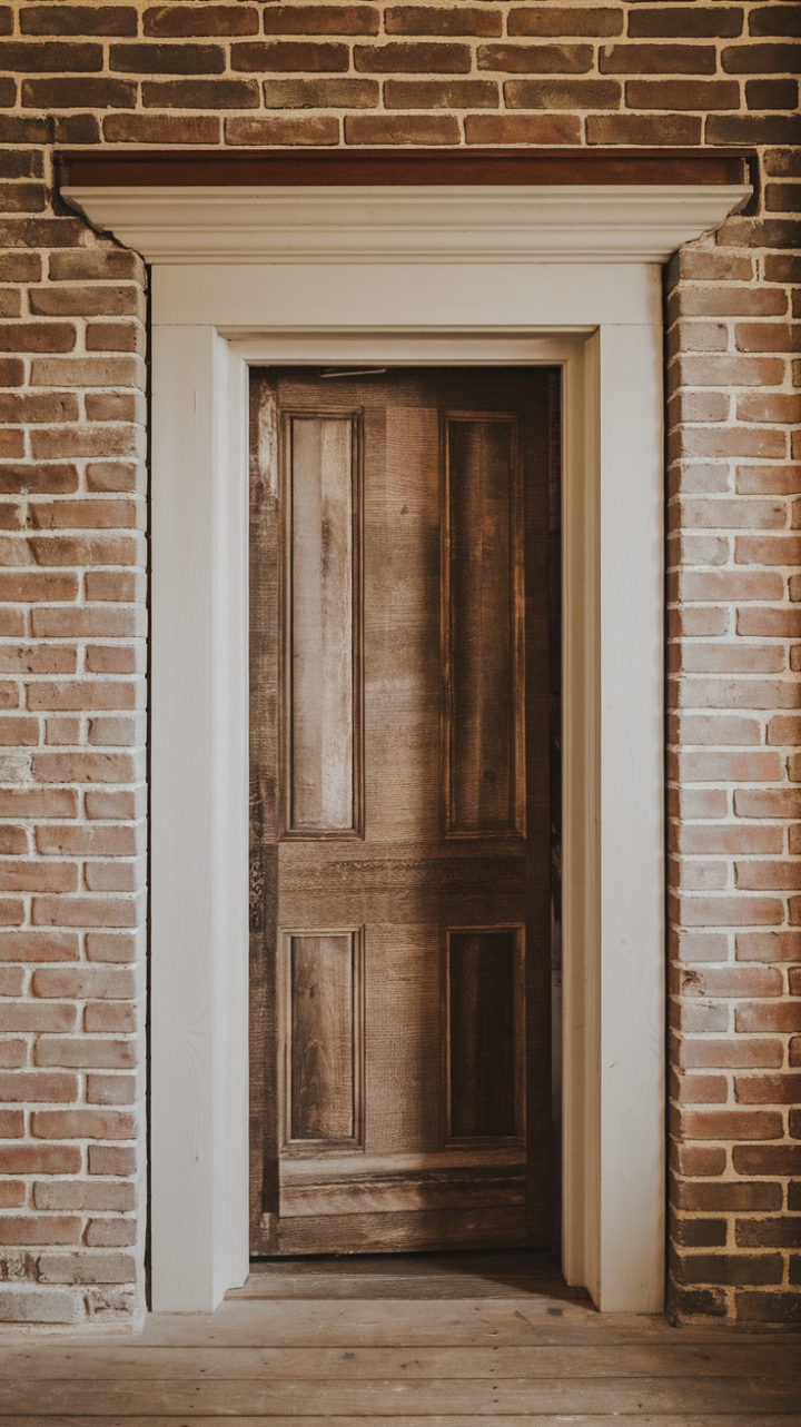 Farmhouse Charm: White Frame, Brick Accents, and Warm Wooden Floors