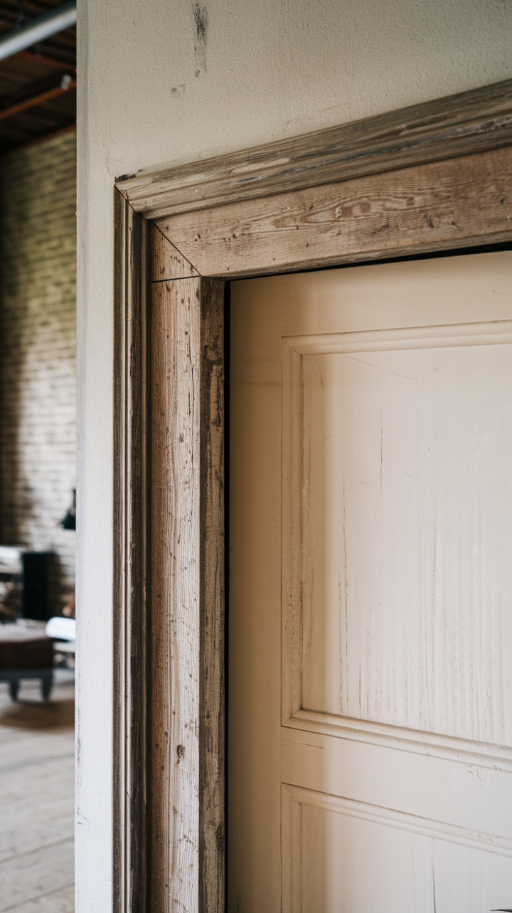 Rustic Charm: A Warm Welcome with Aged Wood Door Casing