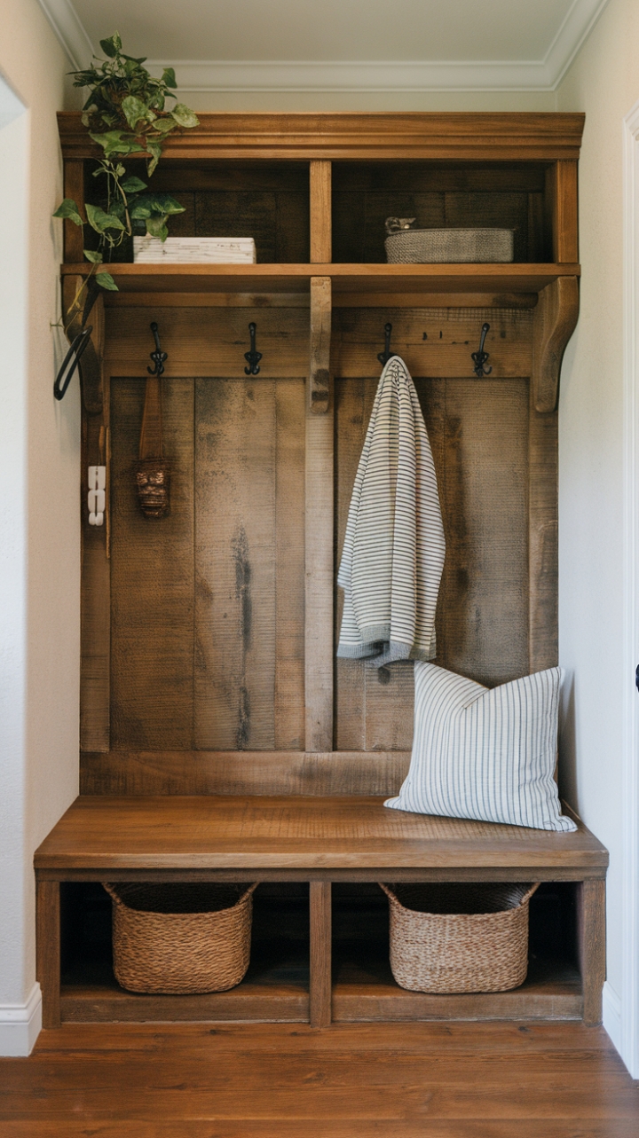 Practical Elegance: Farmhouse-Inspired Entryway with Wooden Bench and Shelving