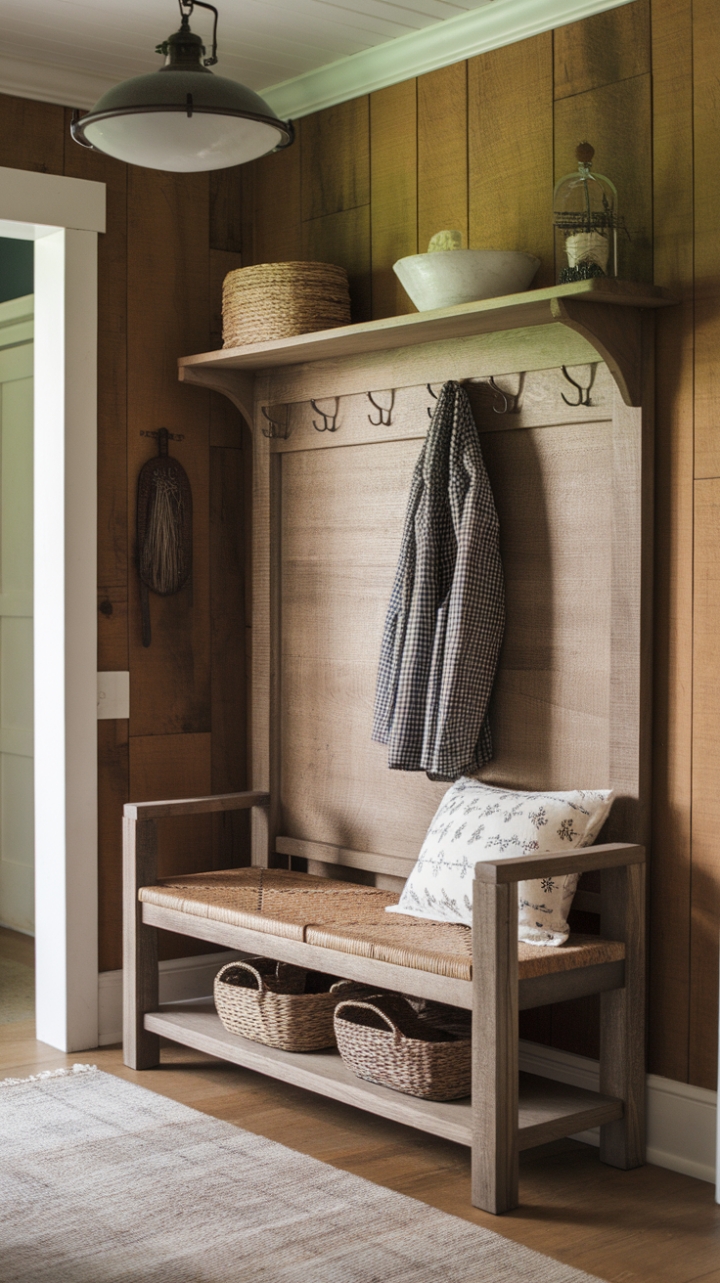 Inviting Entryway Featuring Wooden Bench and Textured Rug