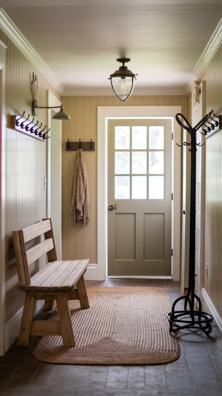 Inviting Farmhouse Entrance: Rustic Bench and Textured Rug for a Cozy Welcome