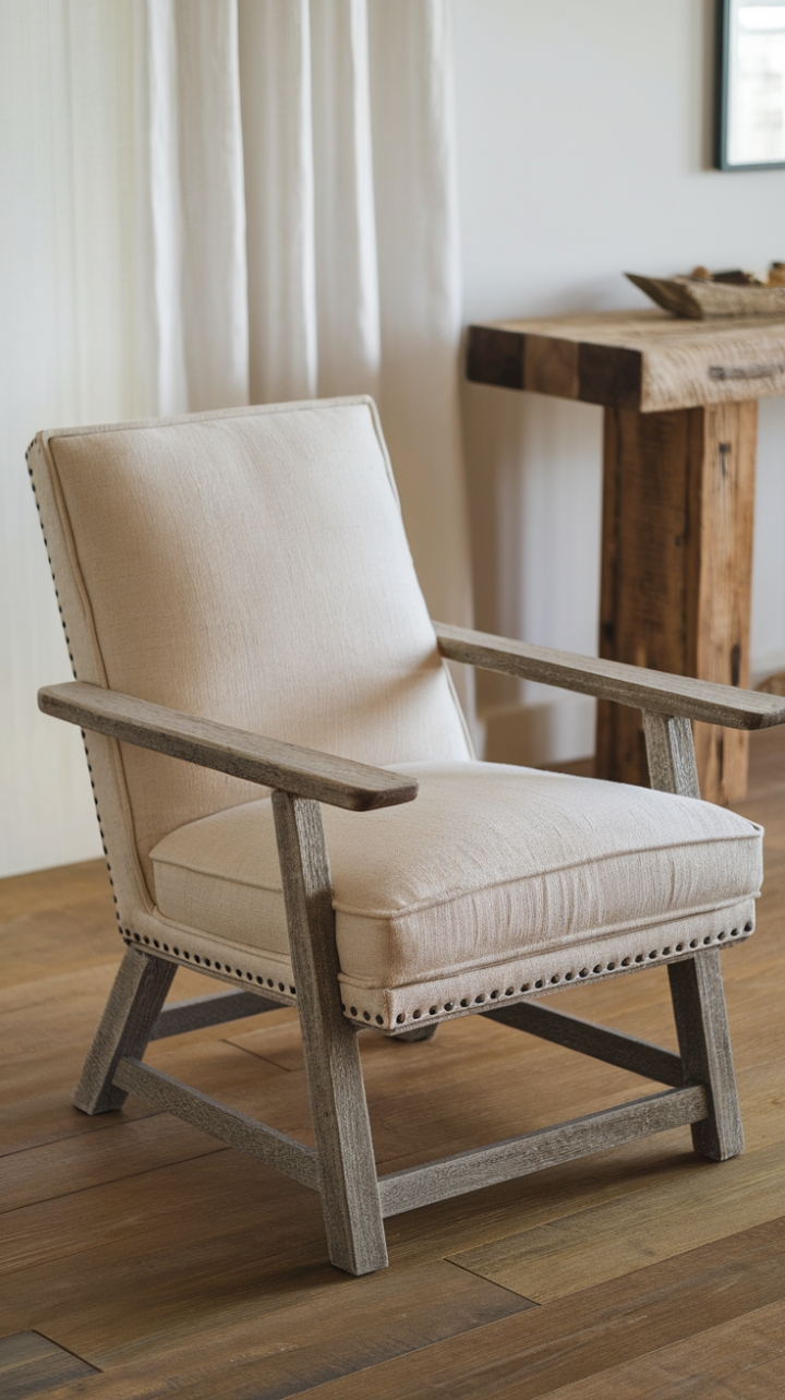 Elegant Beige Farmhouse Chair with Curved Back and Warm Wood Accents
