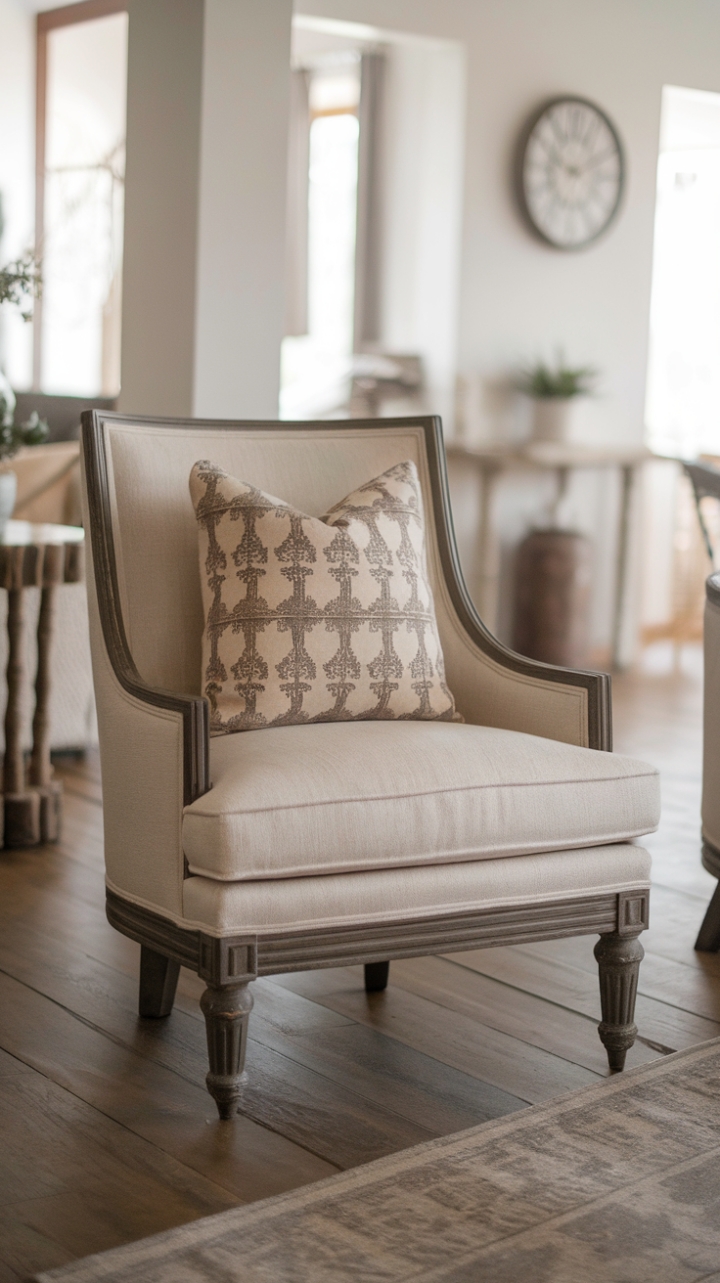 Farmhouse Elegance: Warm Beige Accent Chair with Dark Wood Legs