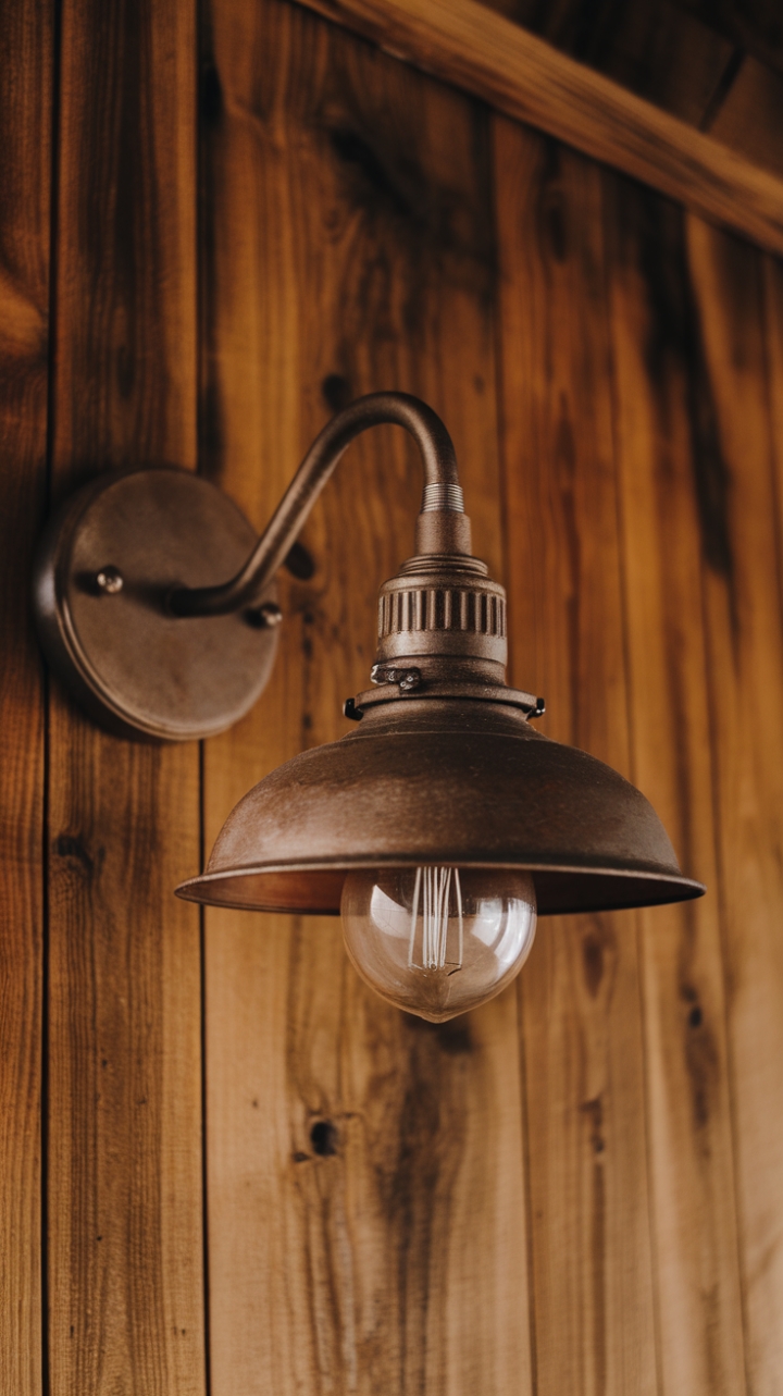 Golden Ambiance: Rustic Metal Sconce on Warm Wood
