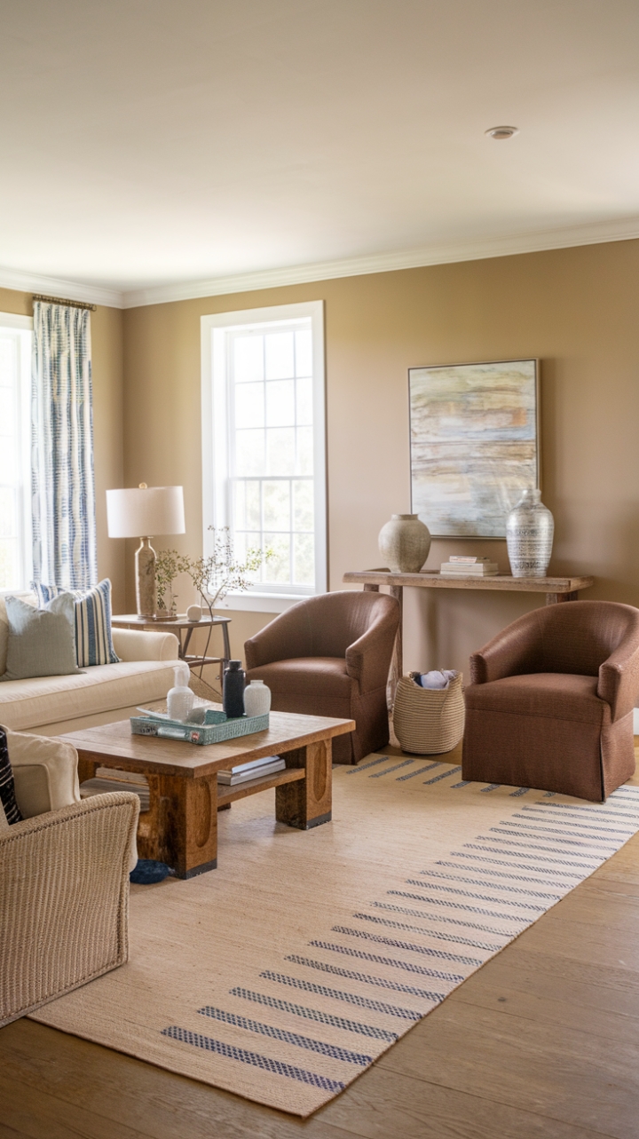 Elegant Neutral Palette with Plush Seating and Striped Rug