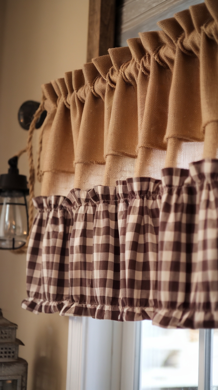 Rustic Charm: Farmhouse Valance with Burlap, Gingham, and Plaid