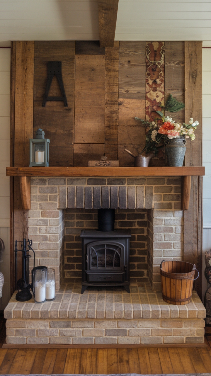 Rustic Reclaimed Wood Mantel Enhances Cozy Charm