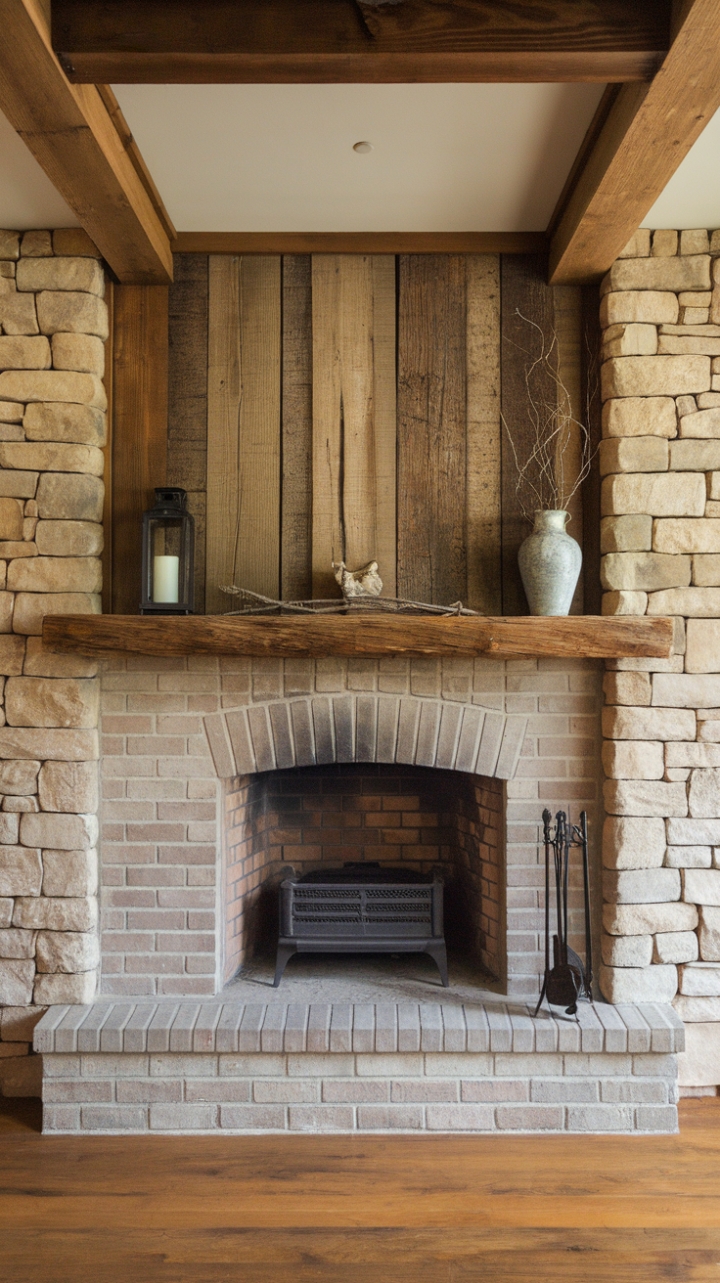 Rustic Charm: Brick Fireplace with Reclaimed Barn Wood Mantel