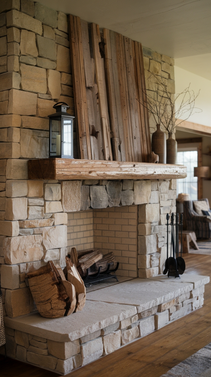 Authentic Rustic Elegance: Barn Wood Mantel Complements Stone Fireplace