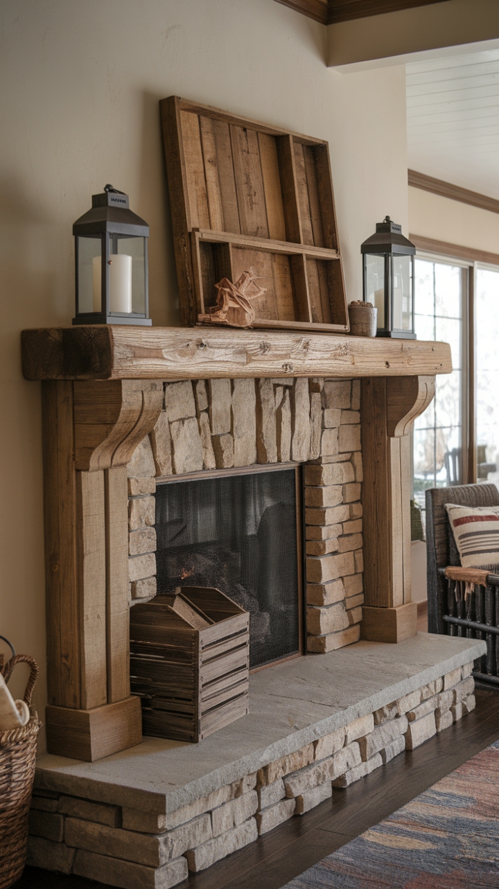 Country Elegance: Stone Fireplace with Carved Post Mantel