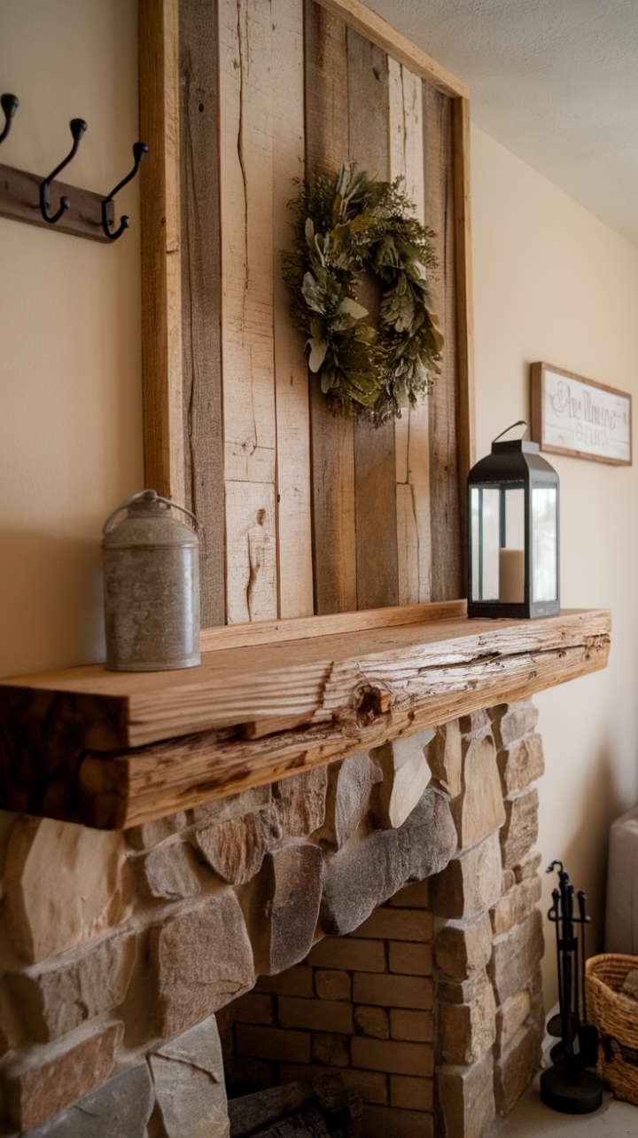 Natural Stone Fireplace with Reclaimed Wood Accents