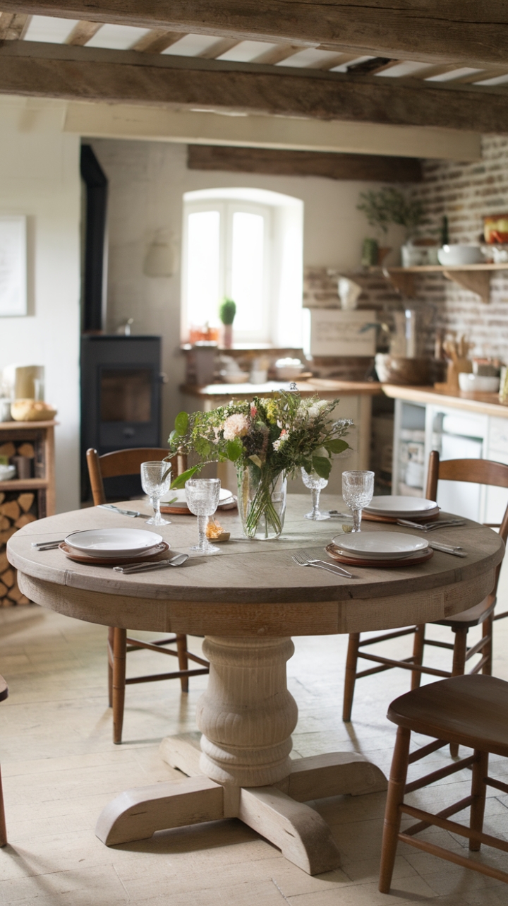Farmhouse Elegance: A Round Dining Table Completes the Rustic Charm