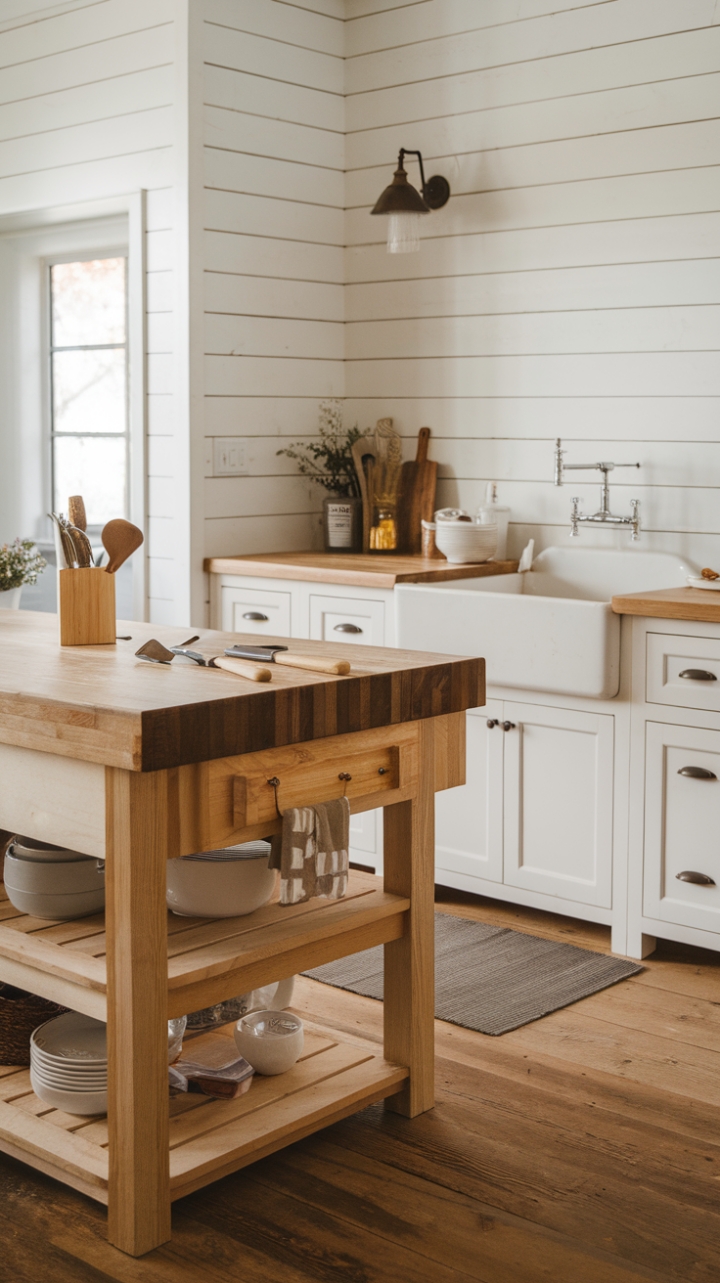 Cozy Farmhouse Kitchen with Shiplap Walls and a Farmhouse Sink