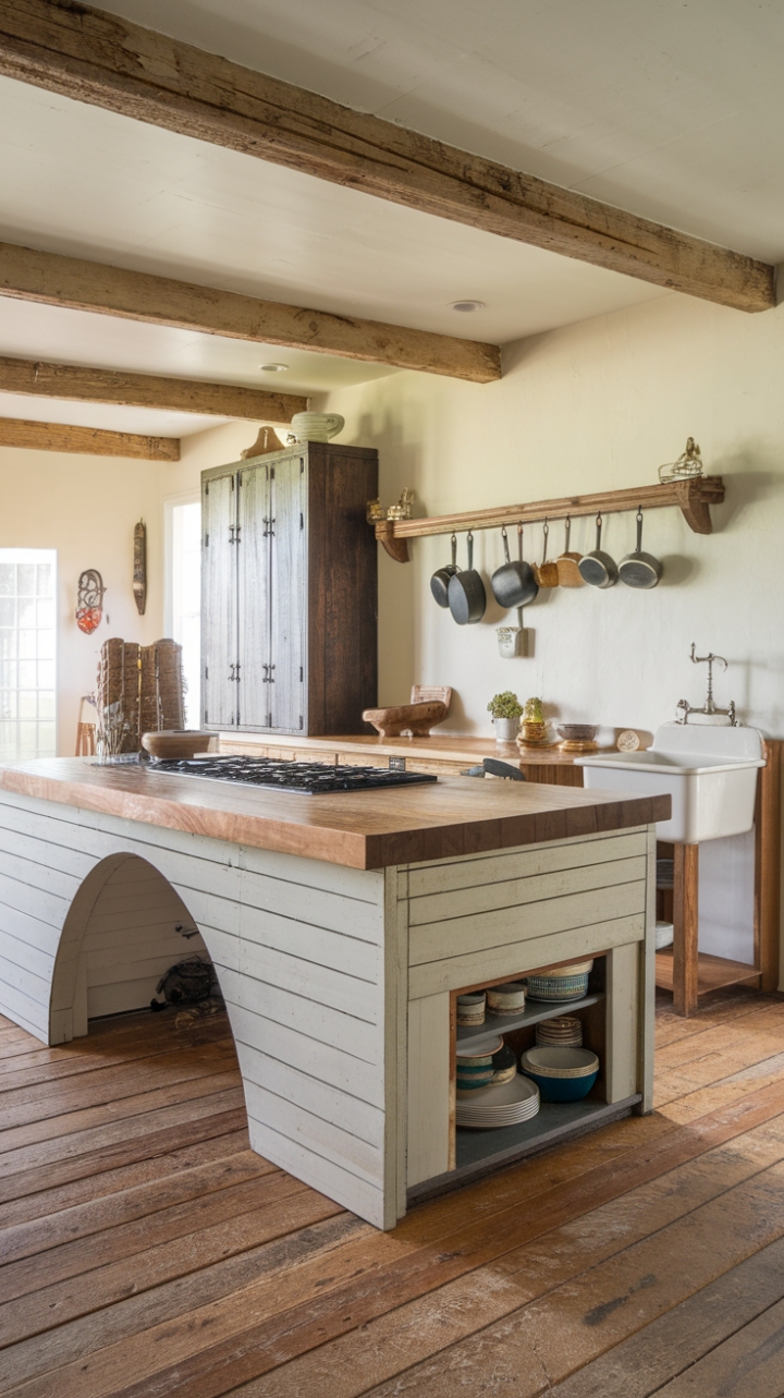 Heart of the Home: Rustic Kitchen with Worn Floors and Exposed Beams