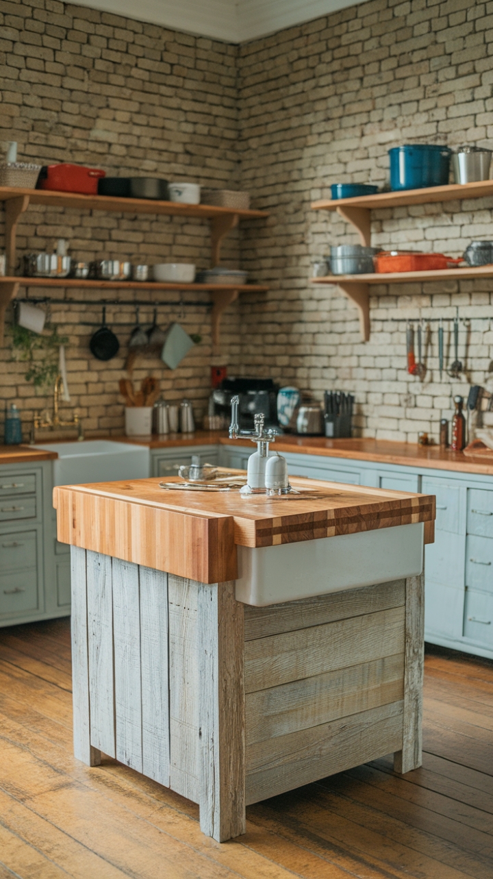 Rustic Wooden Island with Butcher Block and Shiplap Base