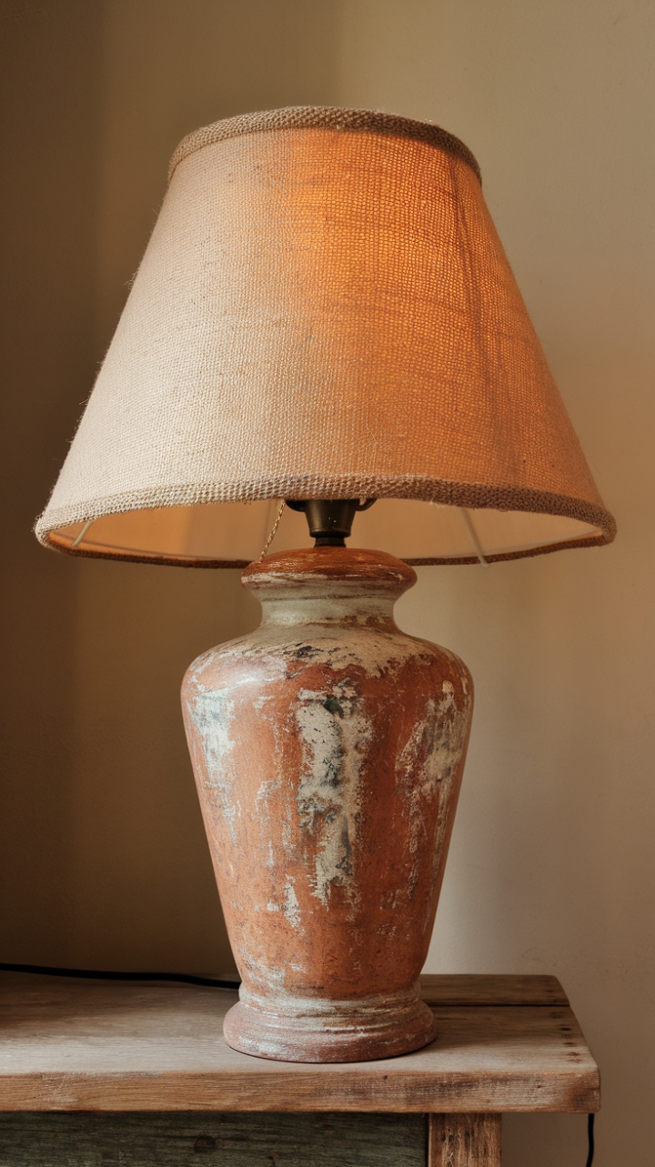 Charming Burlap Shade Lamp with Weathered Base