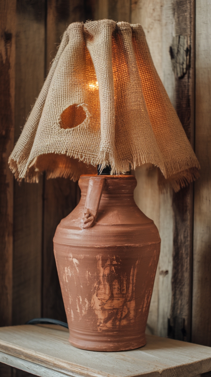Rustic Clay and Burlap Lamp for Cozy Spaces