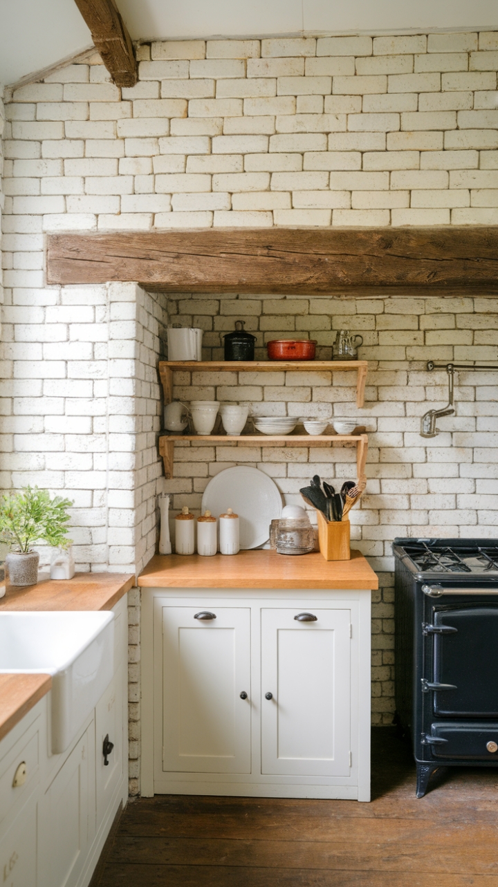 Farmhouse Charm: A Kitchen with Painted Brick and Exposed Beams