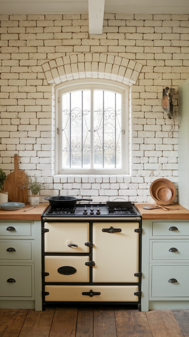 Cozy Farmhouse Kitchen with Textured Brick Backsplash and Warm Wood Accents