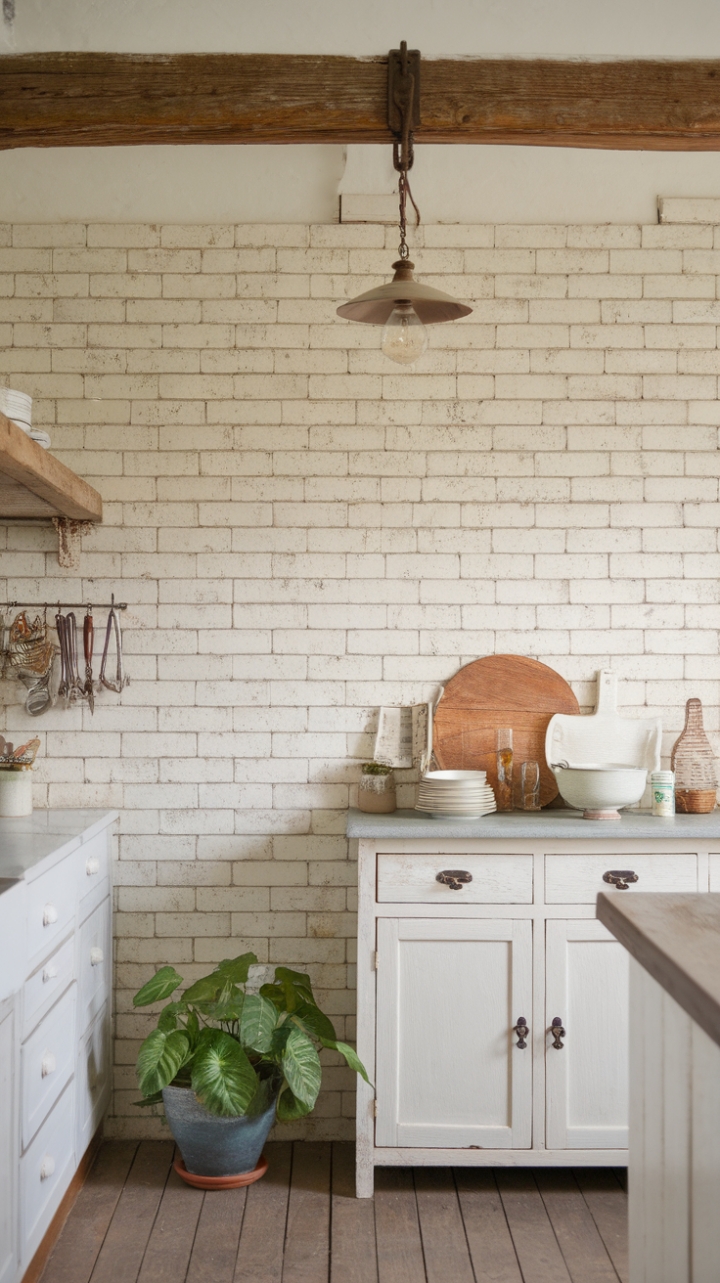 Rustic Charm: A Cozy Whitewashed Kitchen with Wooden Accents