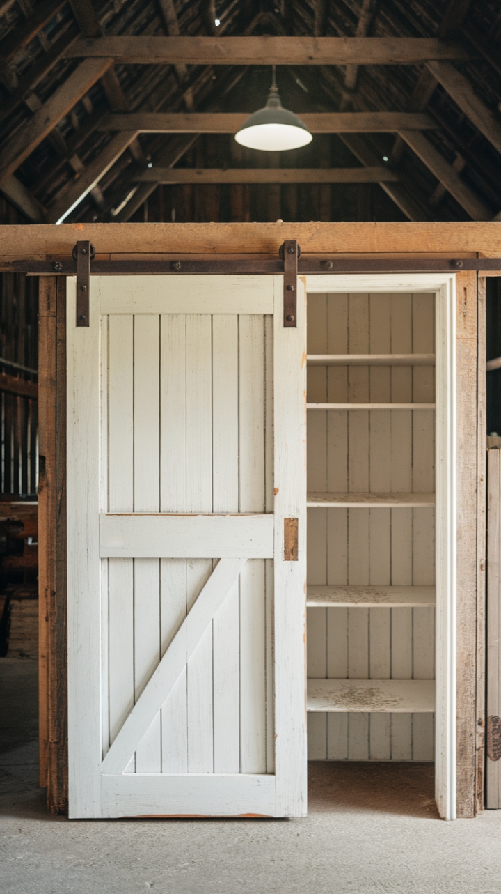 Elegant White Sliding Door Enhances Rustic Charm